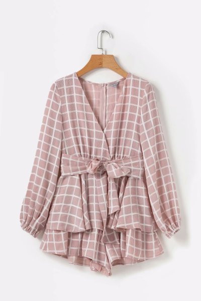 Salopeta scurta asimetrica in carouri cu centura