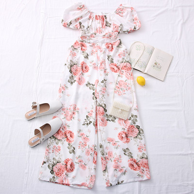 Casual γυναικεία ολόσωμη φόρμα με λουλουδάτο μοτίβο και στρογγυλή λαιμόκοψη