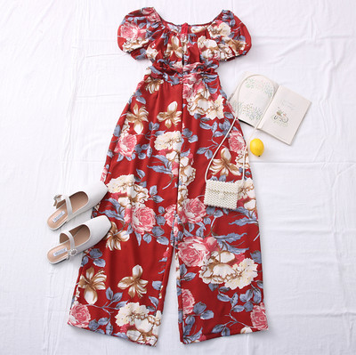 Casual γυναικεία ολόσωμη φόρμα με λουλουδάτο μοτίβο και στρογγυλή λαιμόκοψη