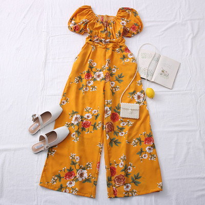 Casual γυναικεία ολόσωμη φόρμα με λουλουδάτο μοτίβο και στρογγυλή λαιμόκοψη