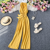 Salopetă lungă de damă cu panglică și decolteu spitz