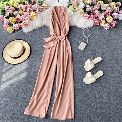 Salopetă lungă de damă cu panglică și decolteu spitz