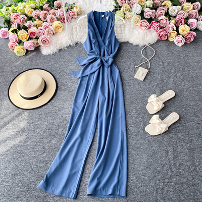 Salopetă lungă de damă cu panglică și decolteu spitz