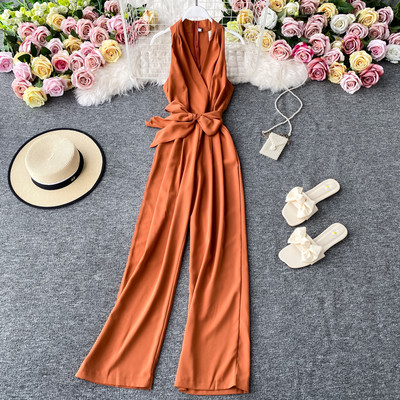 Salopetă lungă de damă cu panglică și decolteu spitz