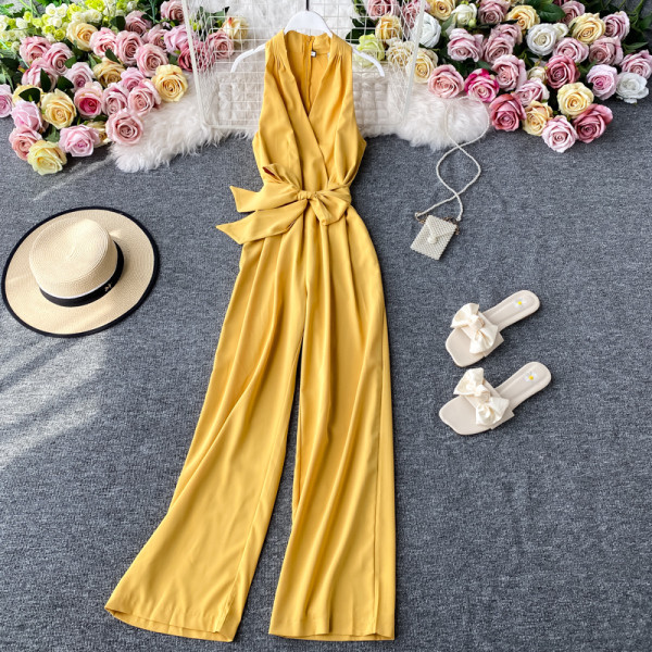 Salopetă lungă de damă cu panglică și decolteu spitz