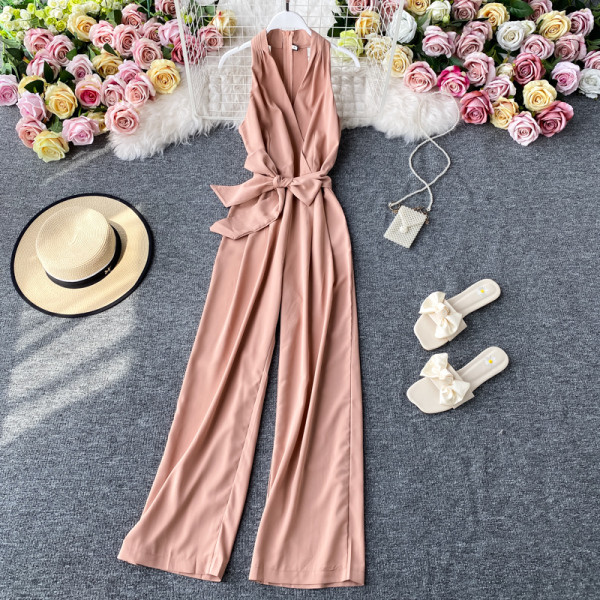 Salopetă lungă de damă cu panglică și decolteu spitz