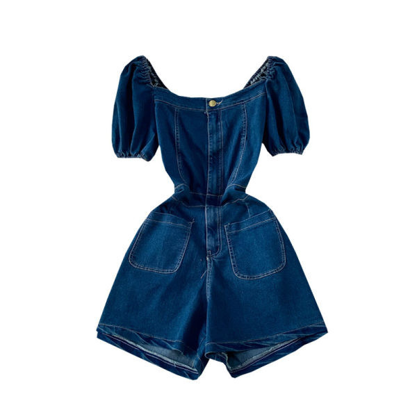 Salopetă scurtă de damă din denim cu buzunare în albastru