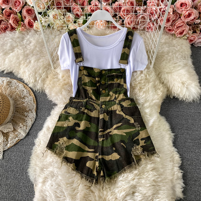 Salopeta de dama scurta din denim cu model rupt in doua culori