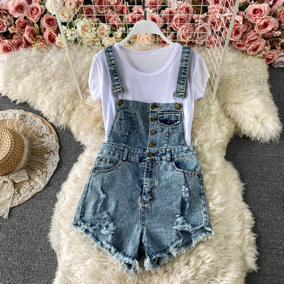 Salopeta de dama scurta din denim cu model rupt in doua culori