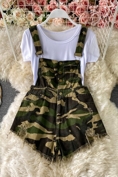 Salopeta de dama scurta din denim cu model rupt in doua culori