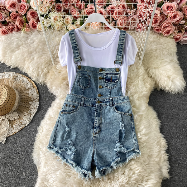 Salopeta de dama scurta din denim cu model rupt in doua culori