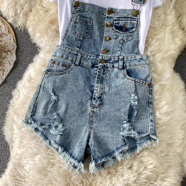 Salopeta de dama scurta din denim cu model rupt in doua culori