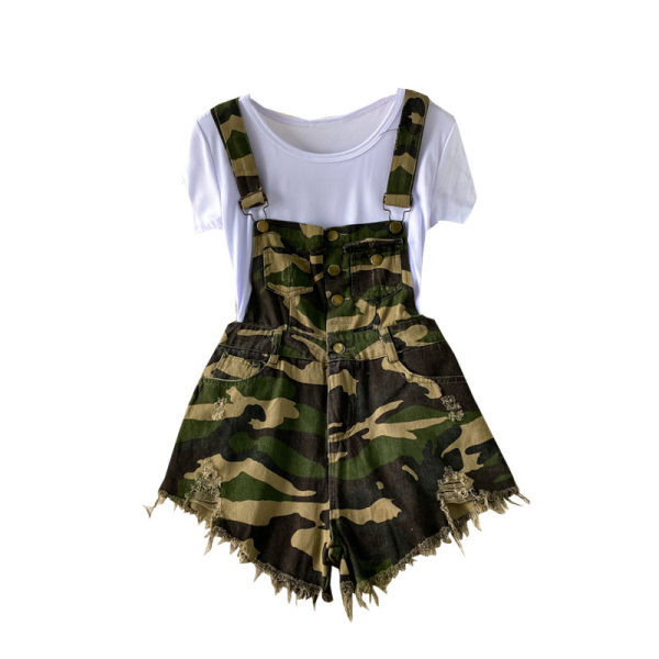 Salopeta de dama scurta din denim cu model rupt in doua culori