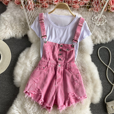 Γυναικεία κοντή ολόσωμη φόρμα με ροζ κουμπιά