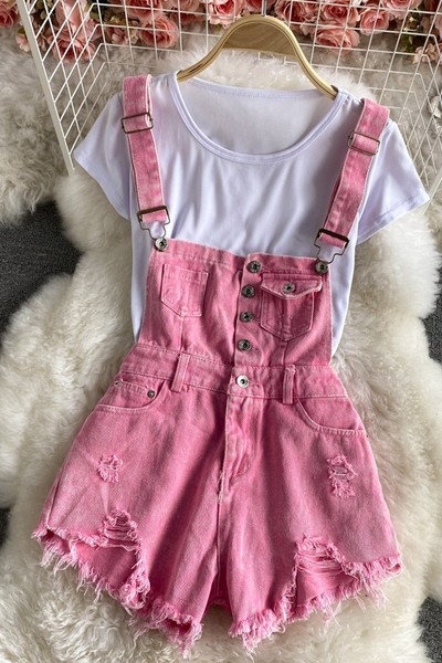 Γυναικεία κοντή ολόσωμη φόρμα με ροζ κουμπιά