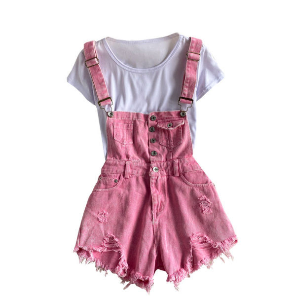 Γυναικεία κοντή ολόσωμη φόρμα με ροζ κουμπιά