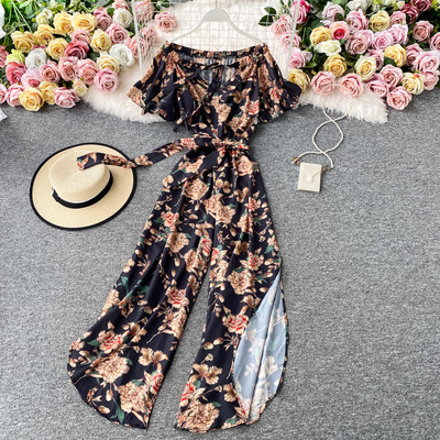 Μακρύ γυναικεία σαλοπέτα με φλοράλ τύπωμα  και  ζώνη