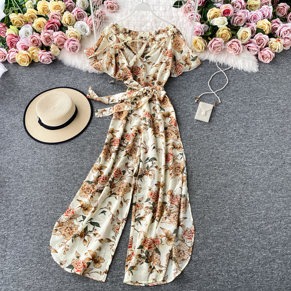 Μακρύ γυναικεία σαλοπέτα με φλοράλ τύπωμα  και  ζώνη