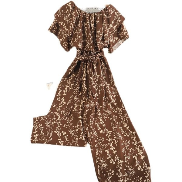 Ženski dugi kombinezon sa cvjetnim motivima i pojasom