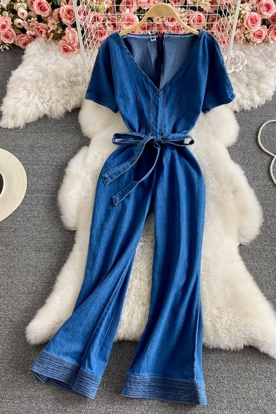 Γυναικεία ολόσωμη φόρμα τζιν και ζώνη