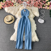 Salopeta de dama din denim cu cravate si decor metalic