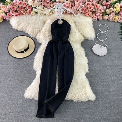 Salopeta de dama din denim cu cravate si decor metalic