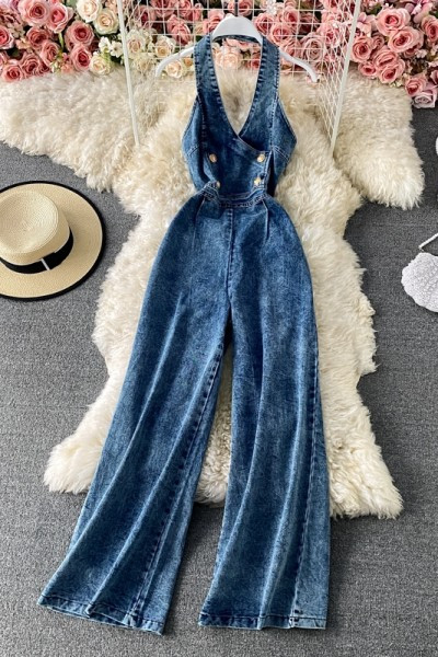 Salopeta de dama lunga din denim cu nasturi