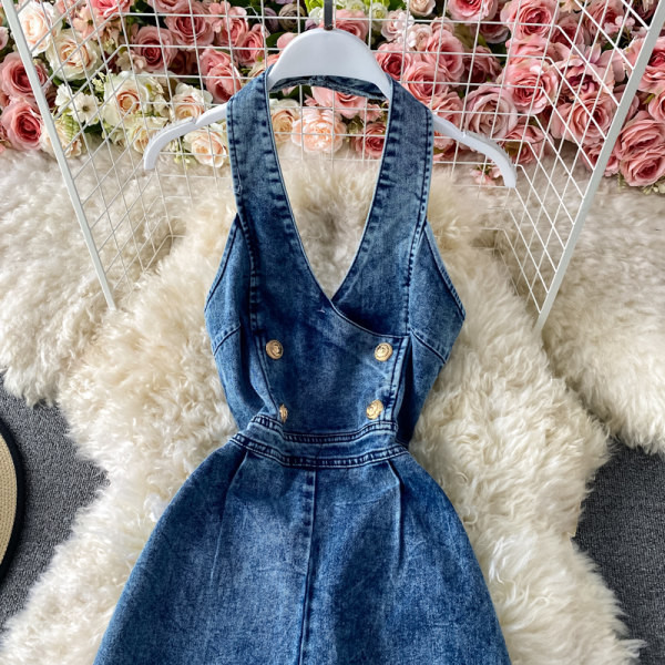 Salopeta de dama lunga din denim cu nasturi