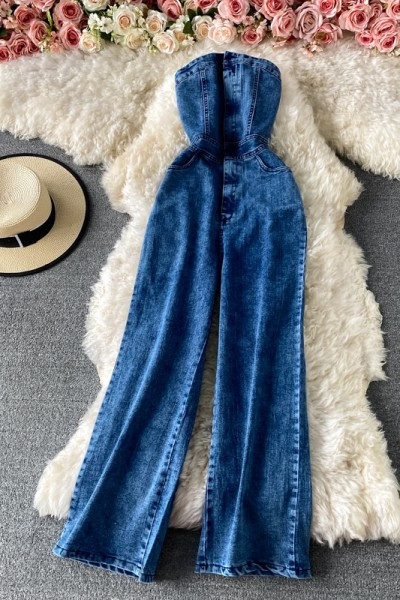 Model nou de salopete de dama din denim fara bretele de culoare albastra