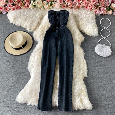 Salopeta de dama cu nasturi fara bretele in albastru si negru