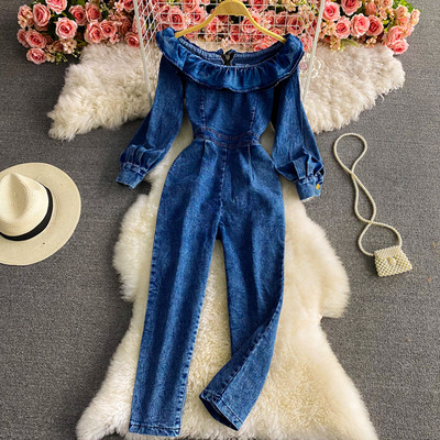 Γυναικείες ολόσωμες φόρμες με γυμνούς ώμους και φερμουάρ στην πλάτη με μπλε χρώμα