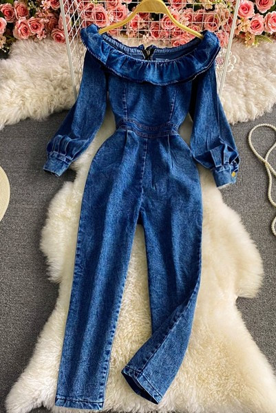 Γυναικείες ολόσωμες φόρμες με γυμνούς ώμους και φερμουάρ στην πλάτη με μπλε χρώμα