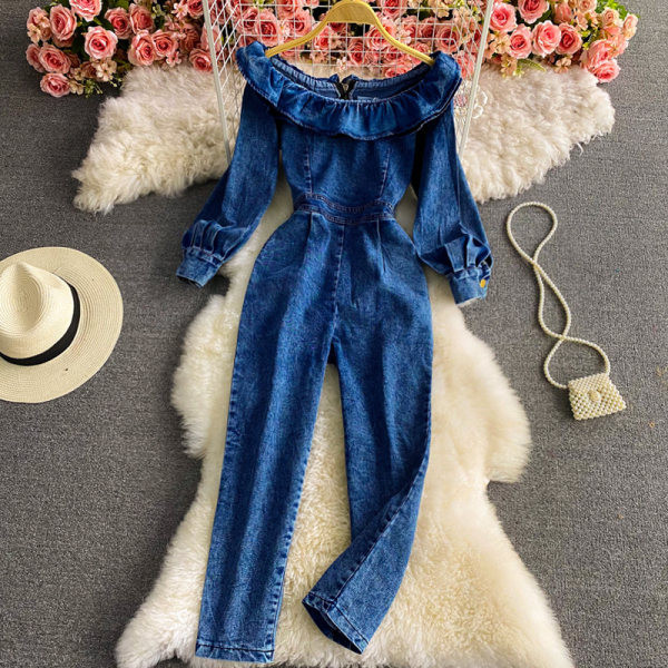 Γυναικείες ολόσωμες φόρμες με γυμνούς ώμους και φερμουάρ στην πλάτη με μπλε χρώμα