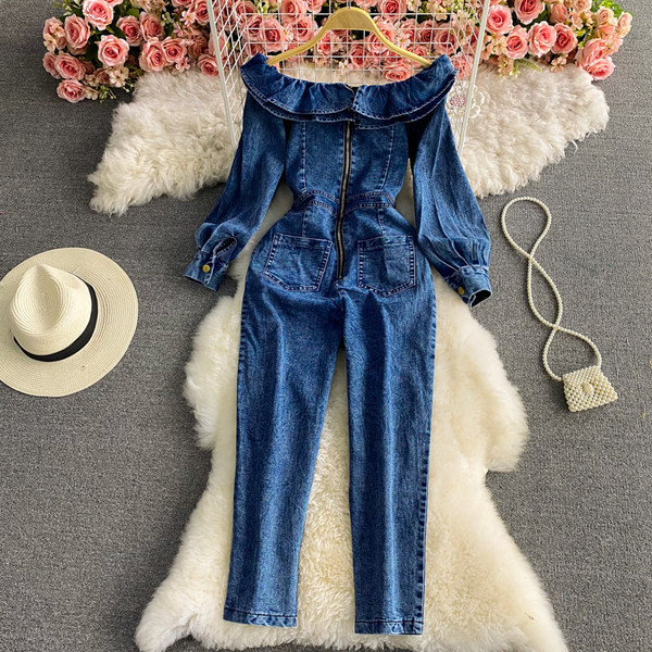 Γυναικείες ολόσωμες φόρμες με γυμνούς ώμους και φερμουάρ στην πλάτη με μπλε χρώμα