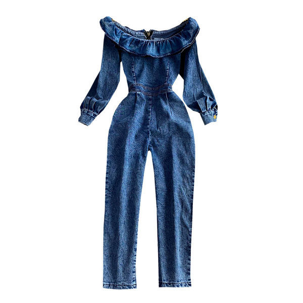 Γυναικείες ολόσωμες φόρμες με γυμνούς ώμους και φερμουάρ στην πλάτη με μπλε χρώμα