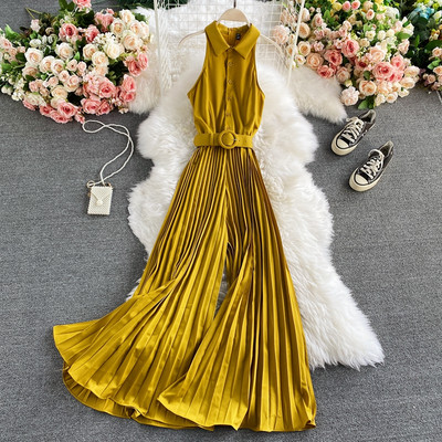 Γυναικεία πλισέ ολόσωμη φόρμα με ζώνη