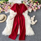 Salopetă lungă de damă cu cravate și decolteu spitz