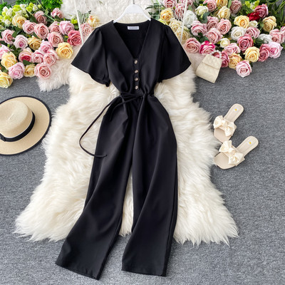 Salopetă lungă de damă cu cravate și decolteu spitz