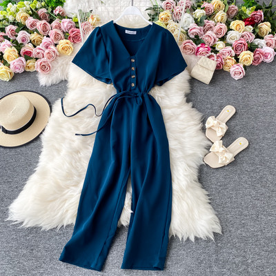 Salopetă lungă de damă cu cravate și decolteu spitz