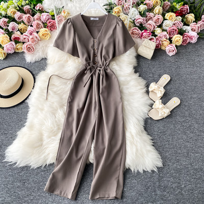 Salopetă lungă de damă cu cravate și decolteu spitz