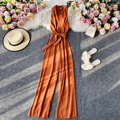 Dugi ženski kombinezon s trakom i špic izrezom