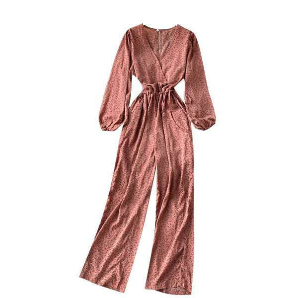 Salopetă casual de damă cu decolteu spitz și mâneci lungi