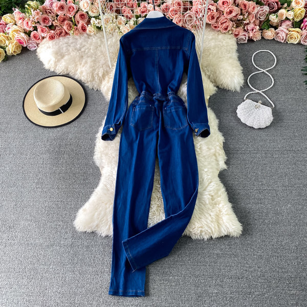 Salopetă de damă din denim cu decolteu spitz și mâneci lungi