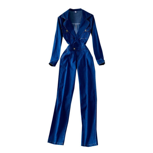 Salopetă de damă din denim cu decolteu spitz și mâneci lungi