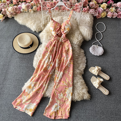 Salopeta lunga de dama cu bretele subtiri si motive florale