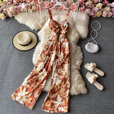 Salopeta lunga de dama cu bretele subtiri si motive florale