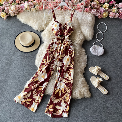 Salopeta lunga de dama cu bretele subtiri si motive florale