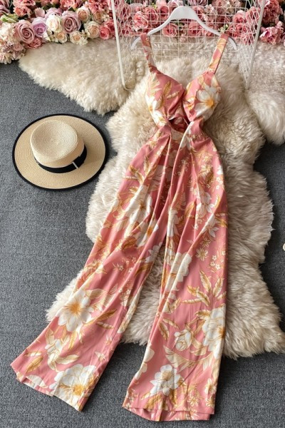 Salopeta lunga de dama cu bretele subtiri si motive florale