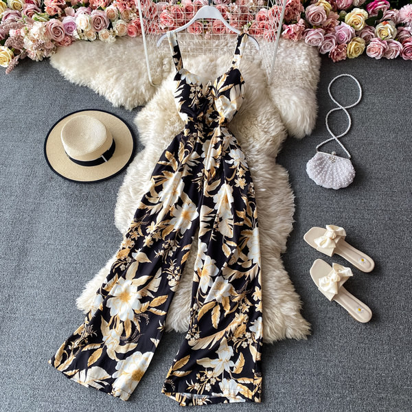 Salopeta lunga de dama cu bretele subtiri si motive florale