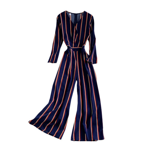 Prugasti ženski kombinezon s remenom i dugim rukavima